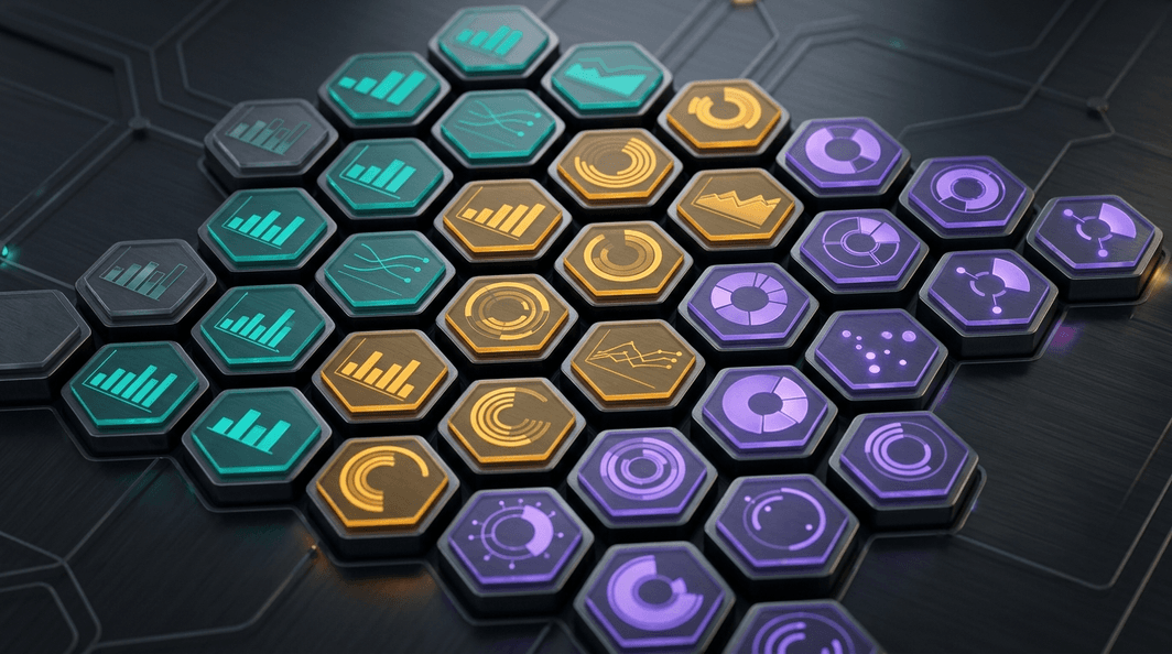 Generated 3D illustration of adult casino equipment: a grid of twelve raised data tiles with chart marks, seen from above.